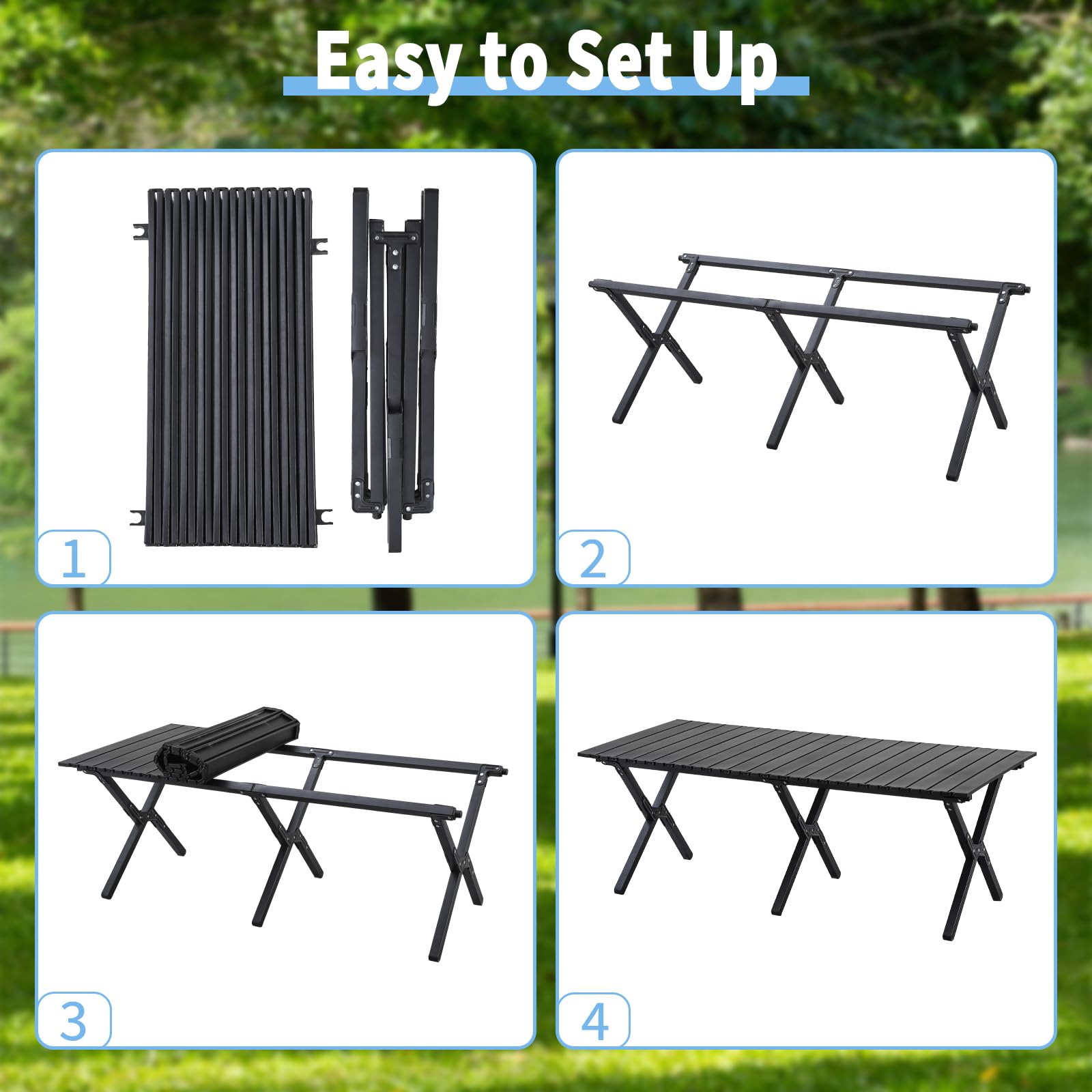 TAO ONE roll-up table stable-legs-on-grass shows reliable support on uneven terrain.