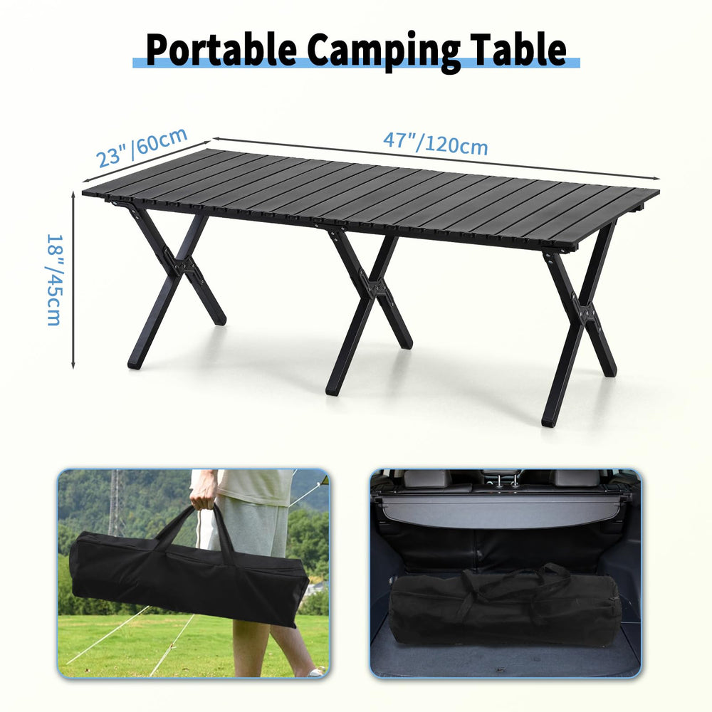 TAO ONE roll-up table wood-grain top detail enhances outdoor dining ambiance.