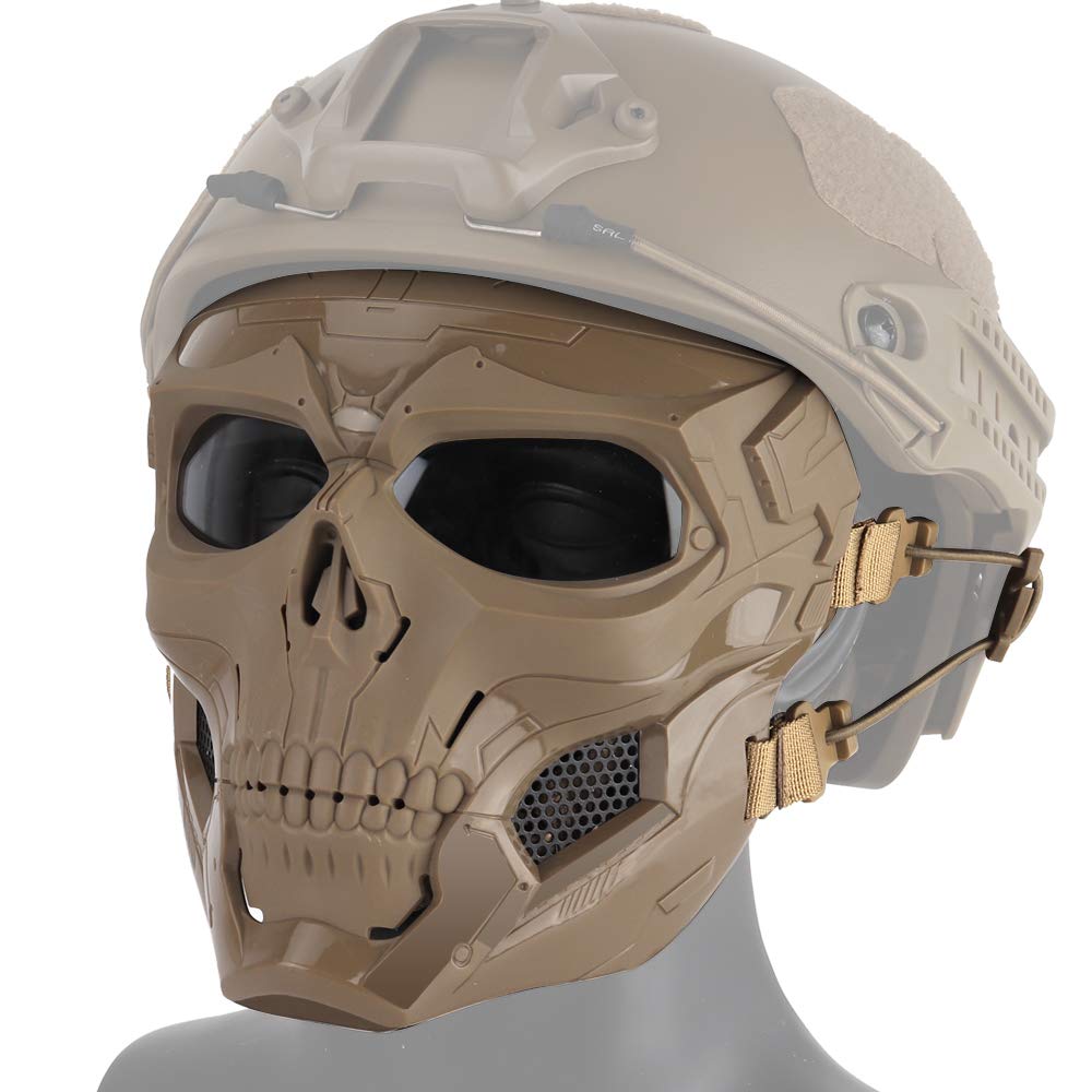 Tarnnetz airsoft tactical helmet tan mask side view showing mesh cheeks for breathability on the move