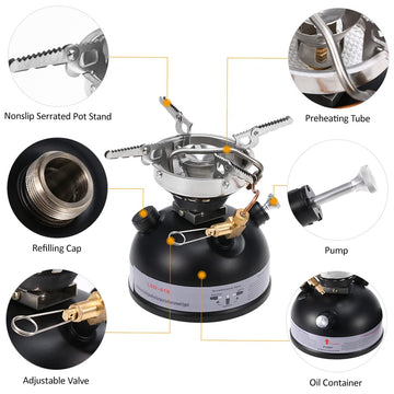 Taruor stove with foldable serrated support arms keeps pots secure outdoors.