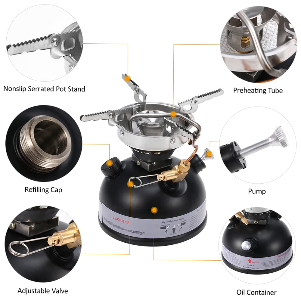 Taruor stove with foldable serrated support arms keeps pots secure outdoors.