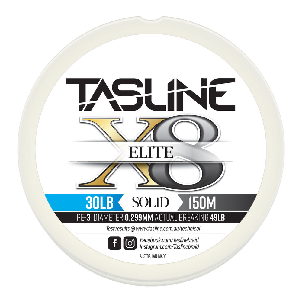 Tasline Elite Pure Spectra Solid 8X braided line spooled for smooth casting and high strength use.