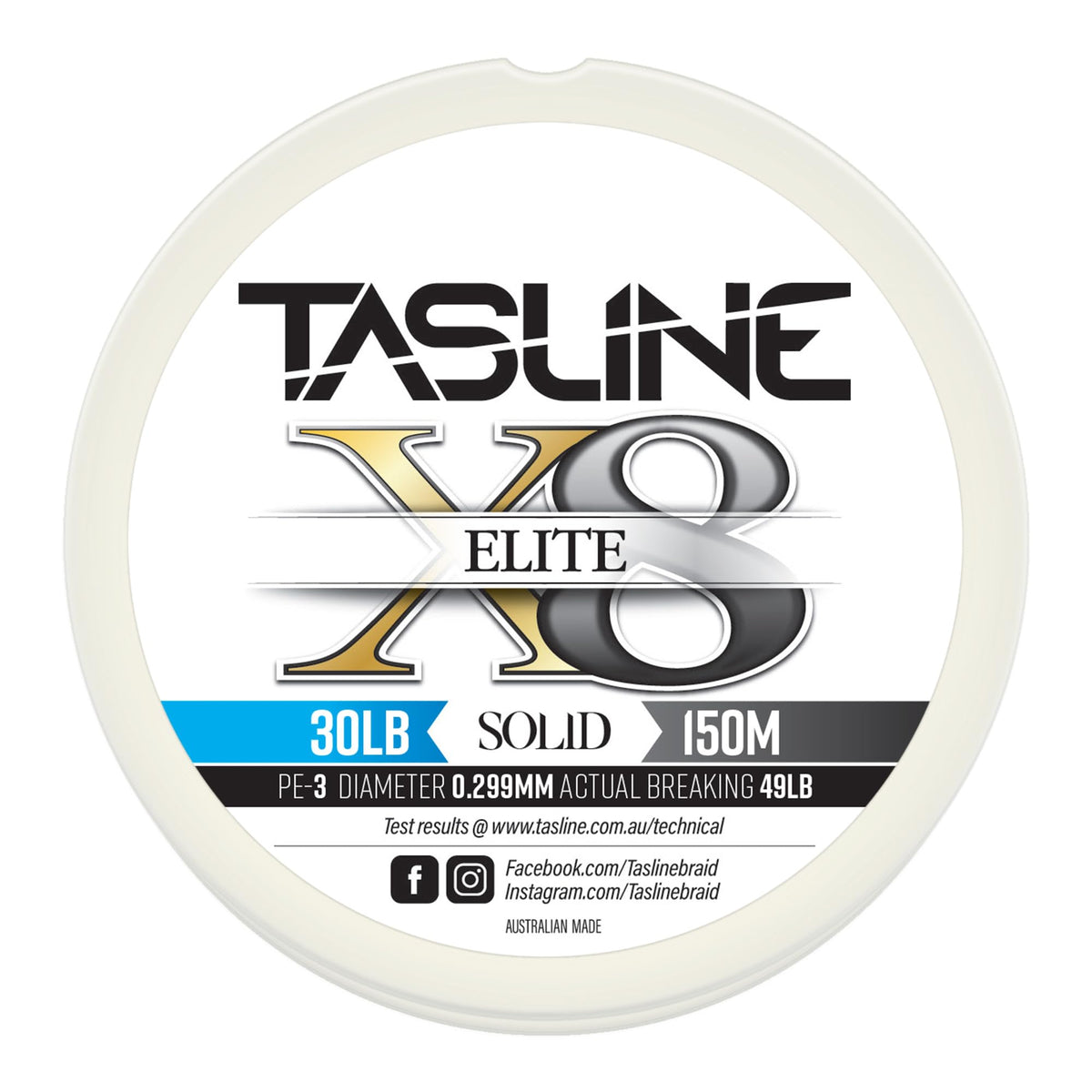 Tasline Elite Pure Spectra Solid 8X braided line spooled for smooth casting and high strength use.