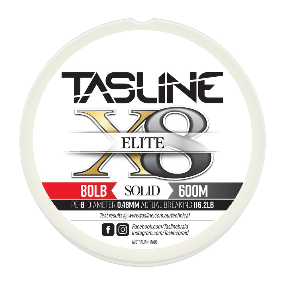 Tasline Elite Pure Spectra Solid 8X braided line close-up highlights smooth casting and strength.