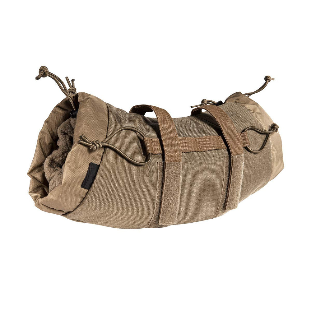 Tasmanian Tiger Tac Muff Hand Warmer in Coyote, front view showing fleece lining and secure elastic closure