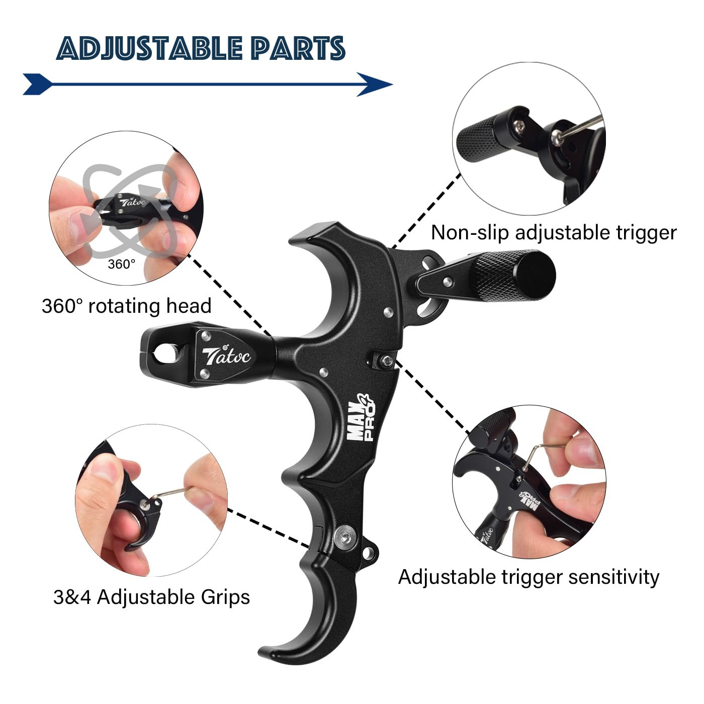 Tatoc thumb release with adjustable tension fits left or right-handed shooters.