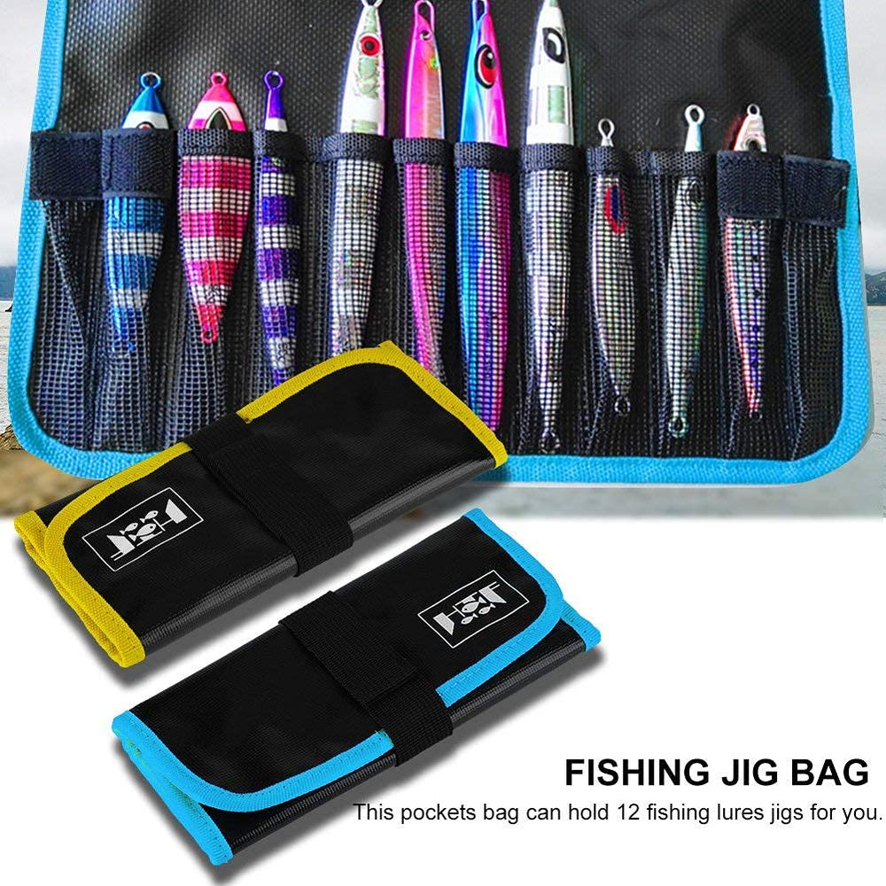 Close-up of blue PVC jig bag highlighting waterproof material