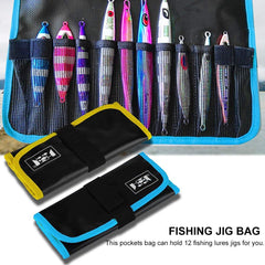 Close-up of blue PVC jig bag highlighting waterproof material
