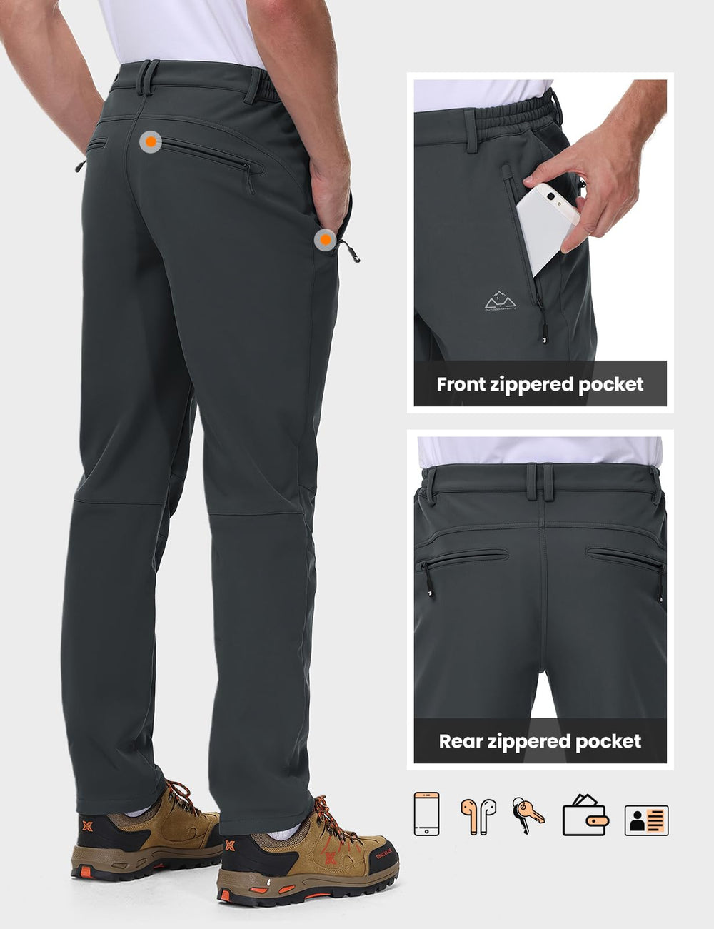 TBMPOY men's fleece-lined snow pants elastic waist and pockets for comfortable daily wear.