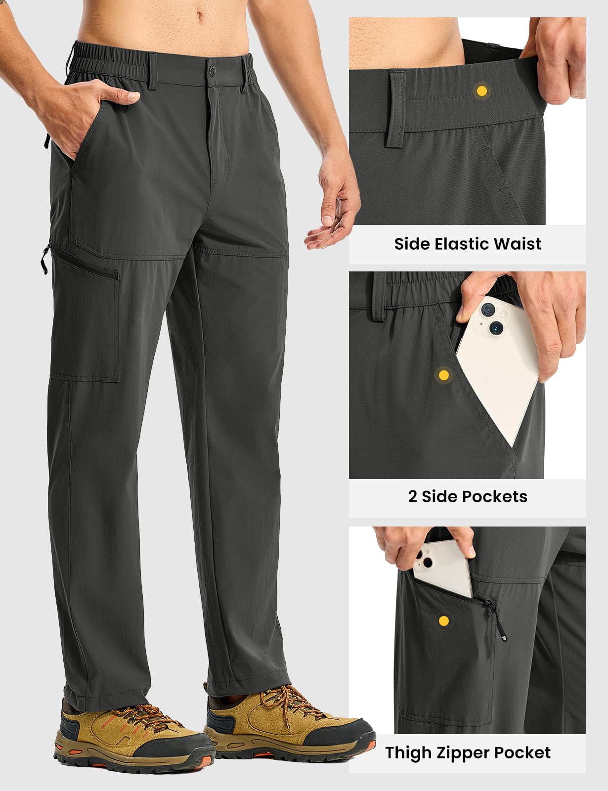 TBMPOY men's lightweight hiking pants zip-fly detail enables easy on-the-go adjustments.