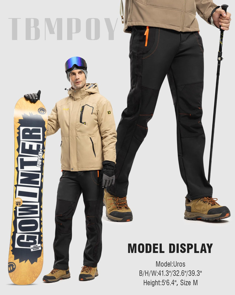 TBMPOY men's snow pants outdoor use, ideal for skiing and hiking versatility.