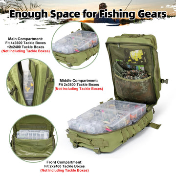 TBNBO 45L fishing backpack side view with MOLLE for attaching extra gear