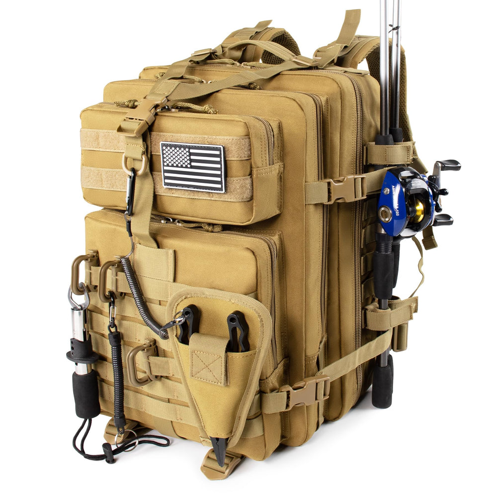 TBNBO 45L fishing backpack front view showing ergonomic fit for all-day wear.