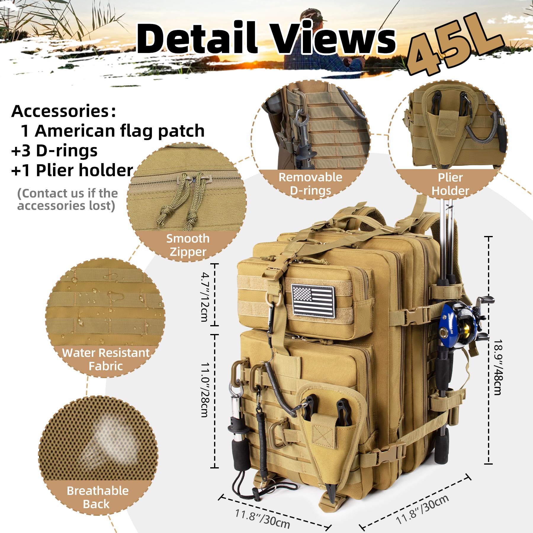 TBNBO 45L MOLLE front view demonstrates expandable gear compatibility and quick-access attachment.
