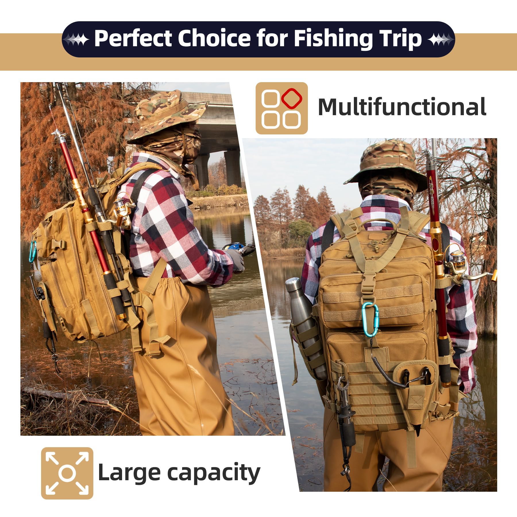 TBNBO 45L side view with rods secured shows versatile fishing-ready transportation.
