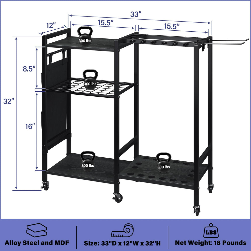 Three storage shelves on the rod holder for tackle boxes and gear