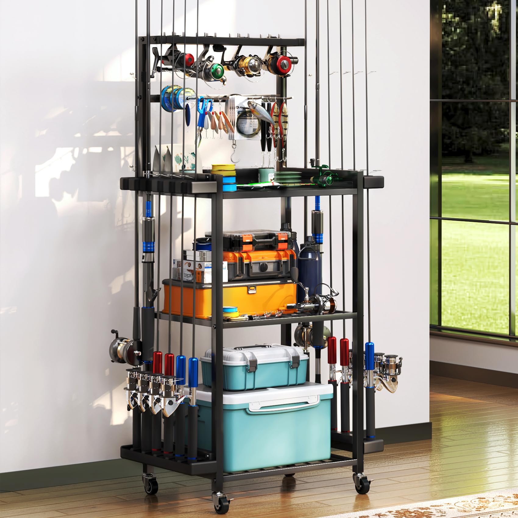 Assembly view of TC-HOMENY 3-Tier Fishing Rod Holder in black