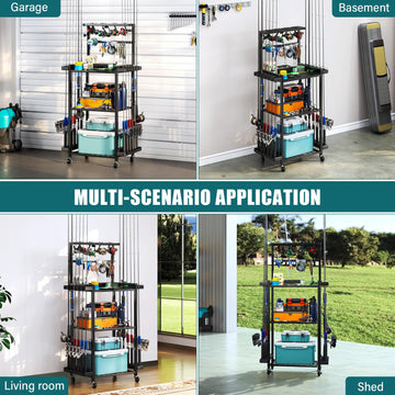 In-garage setup demonstrating space-saving rack