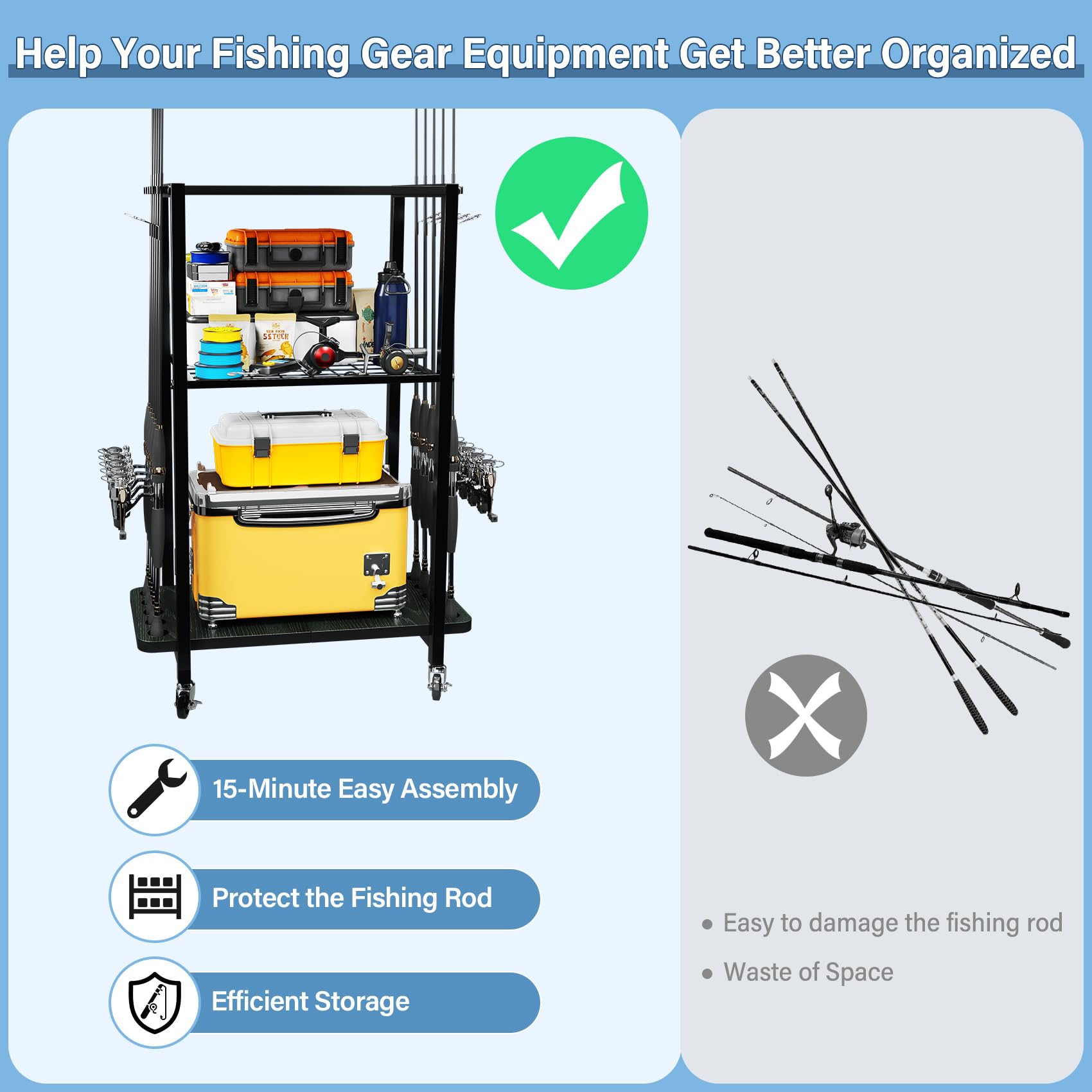 Durable metal construction with 10-rod capacity