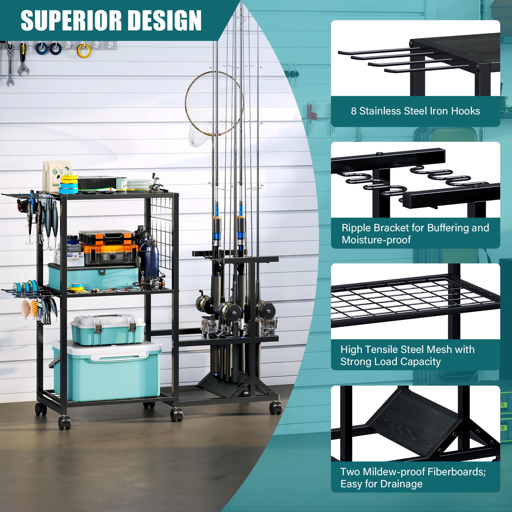 TC-HOMENY mesh-shelves storage demonstrates space for tackle boxes and tools.
