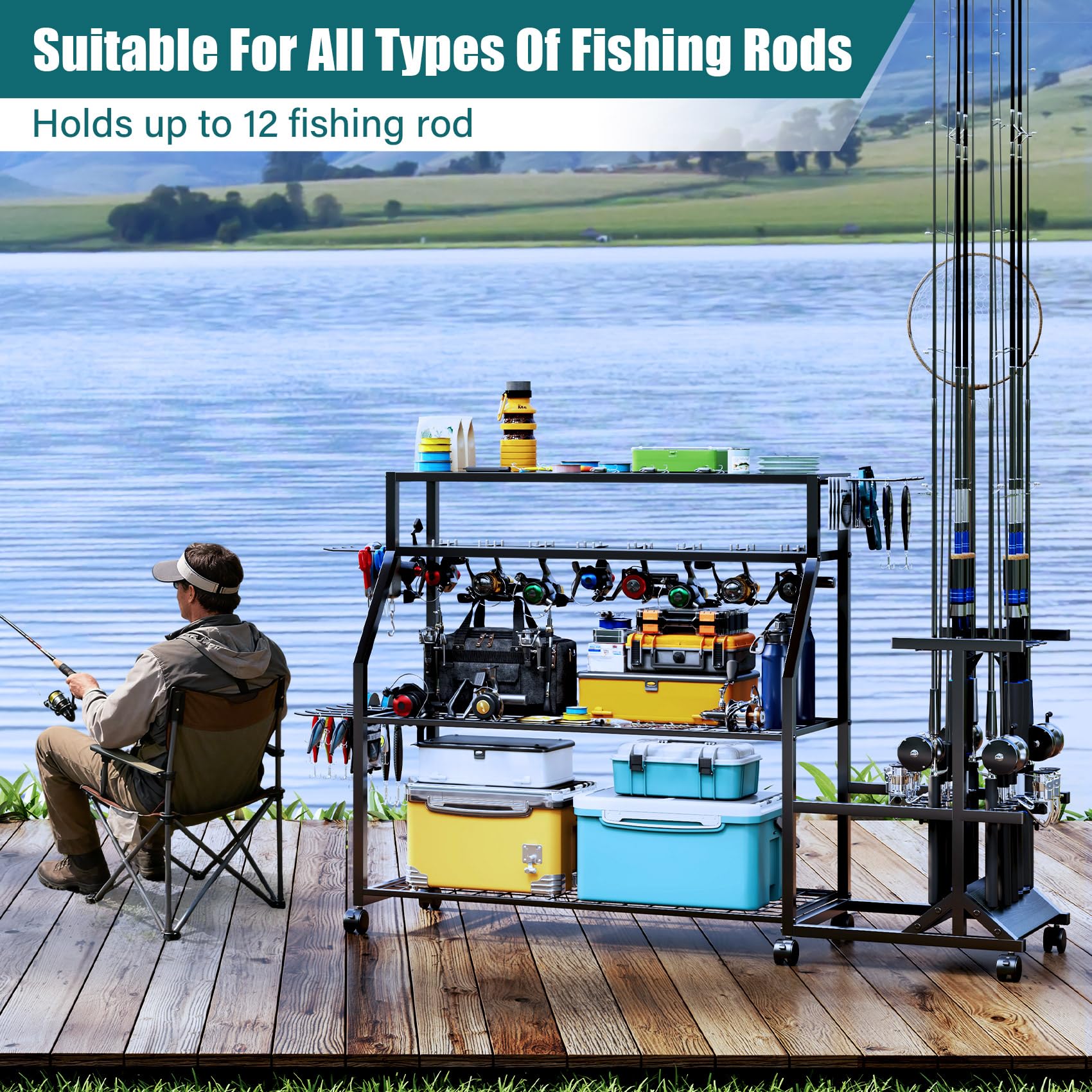 TC-HOMENY mesh-shelves store tackle boxes of various sizes.