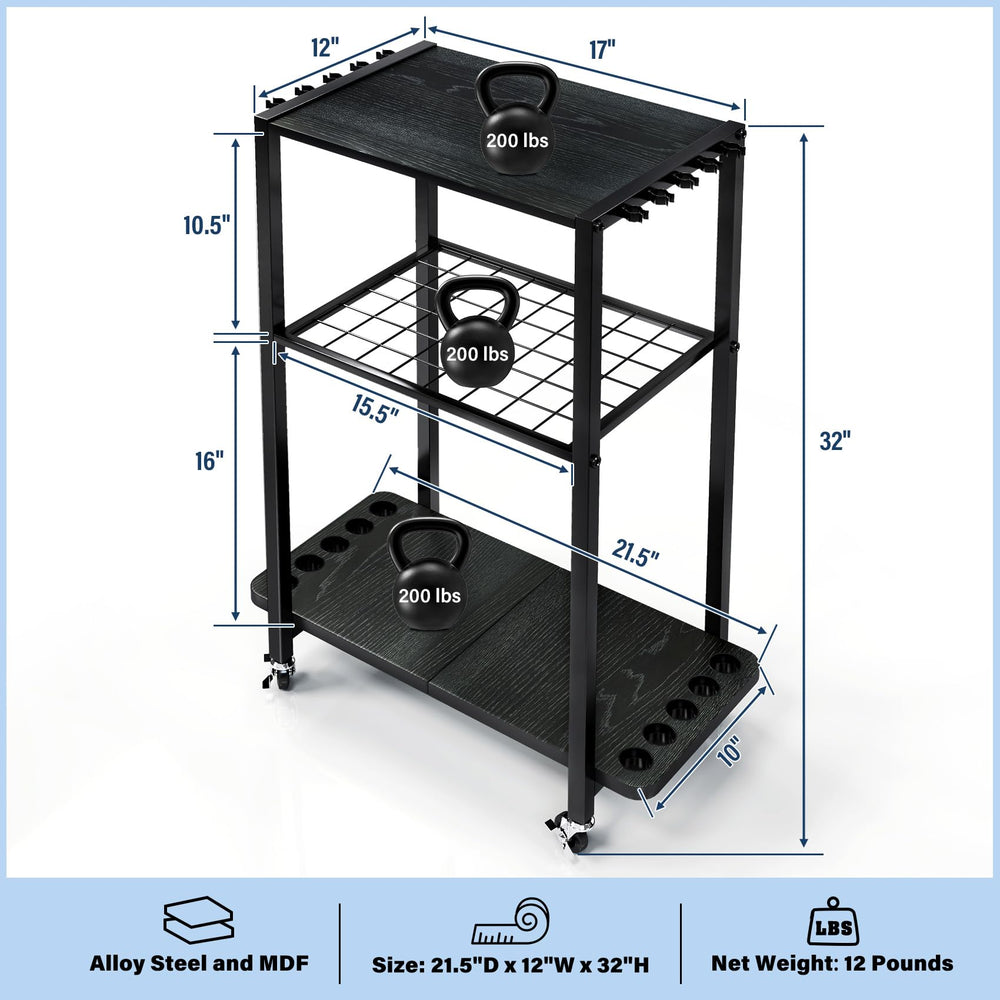 Three-tier storage rack with multiple fishing rods