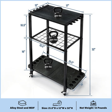 Side view of 3-tier fishing rod storage rack with wheels