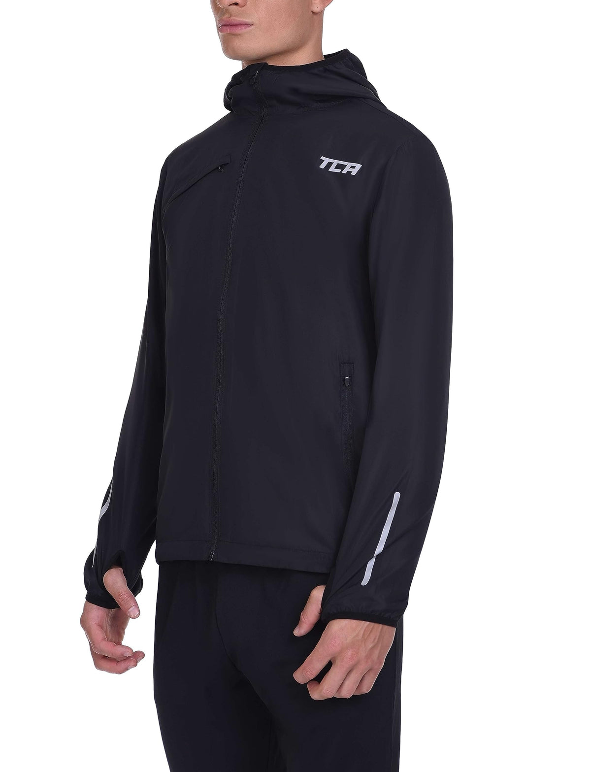 TCA men's running softshell jacket waterproof hood in action for rainy runs