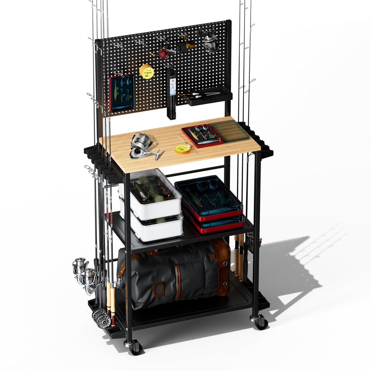 Tcakelox 3-Tier rod storage system keeps up to 12 rods organized in your garage.