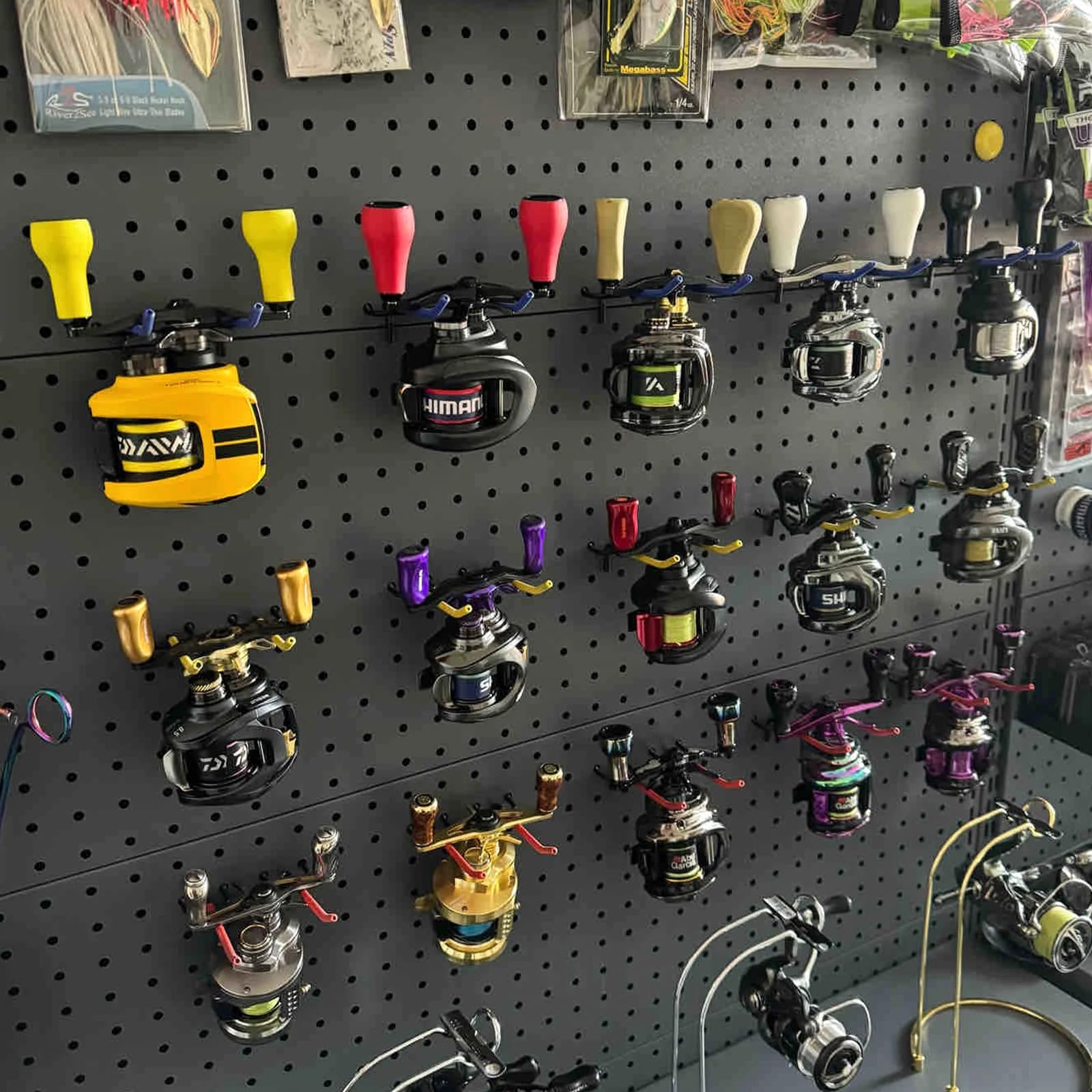 Tcakelox wall mount reel display holding baitcasting and spinning reels