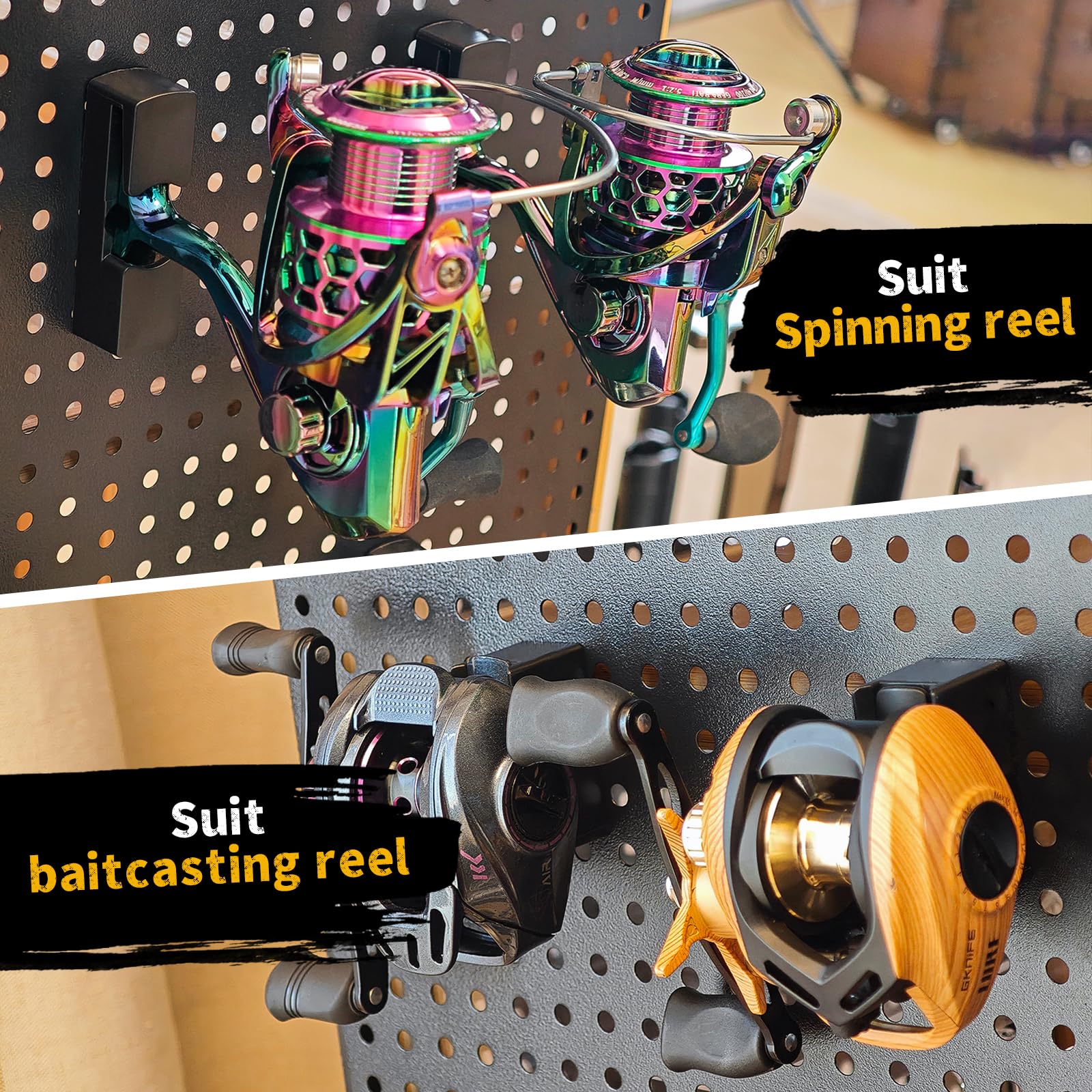 Sleek, versatile wall-mounted reel display for fishing setup