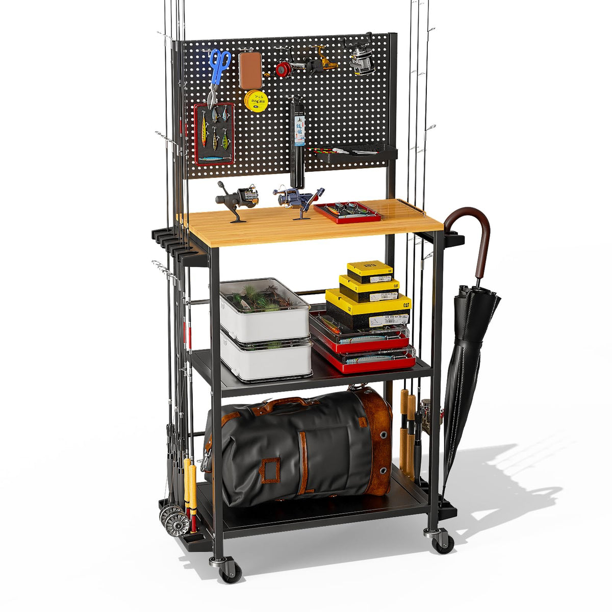 Tcakelox 3-tier garage fishing rod holders keeps up to 12 rods organized.
