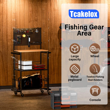 Tcakelox reel racks and a tray organize reels and tackle boxes.