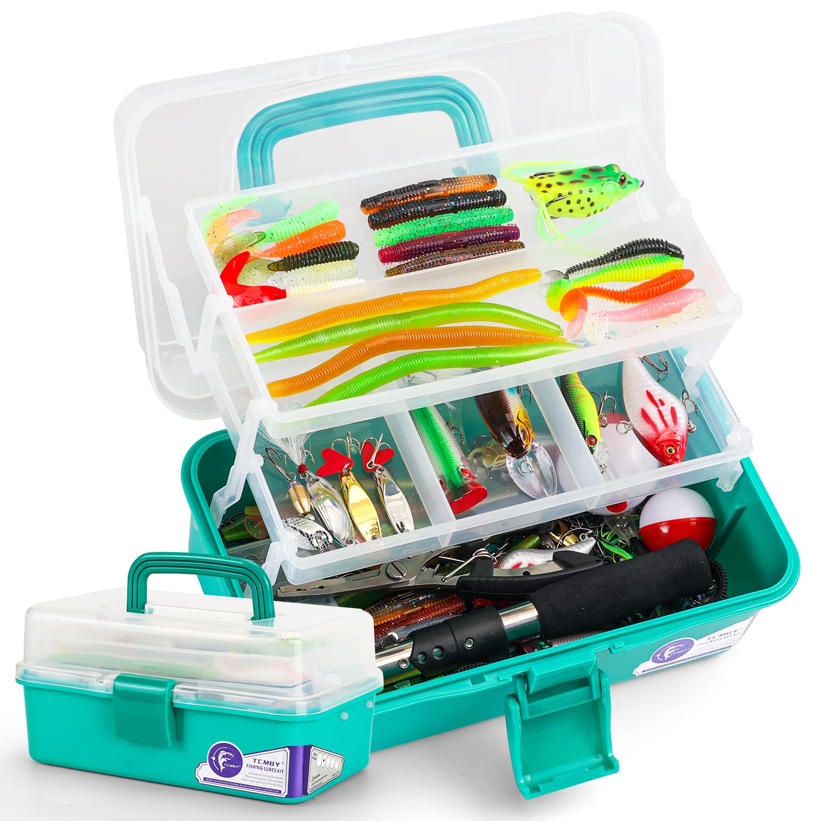 Front view of TCMBY 3-layer tackle box in green with handle