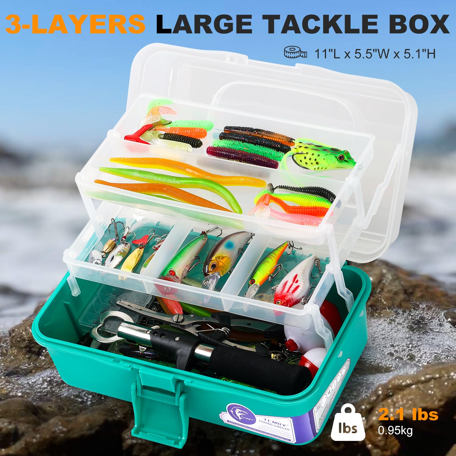 Includes pliers and fish gripper with a full set of lures