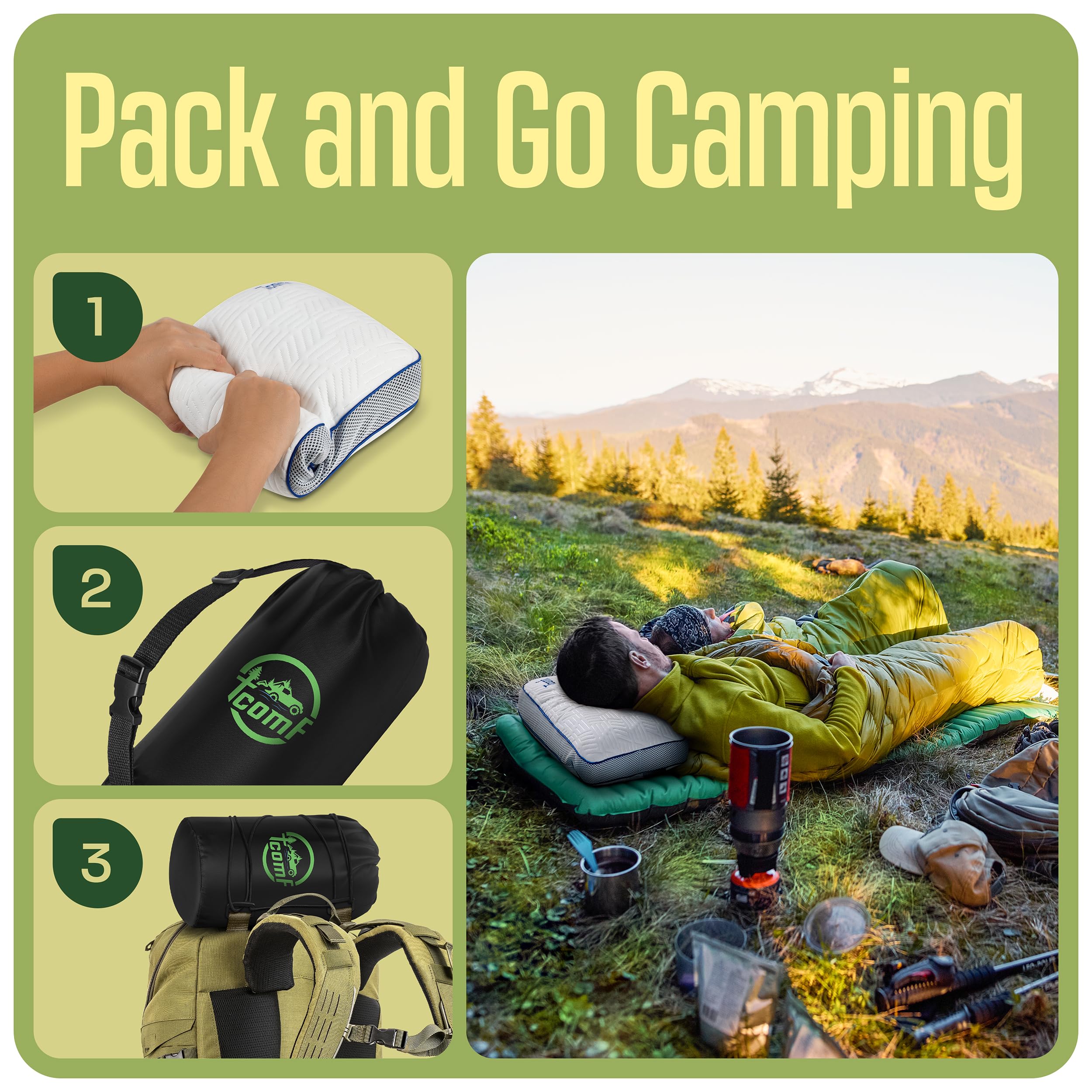 TCOMF camping pillow five-layer support system enhances comfort.