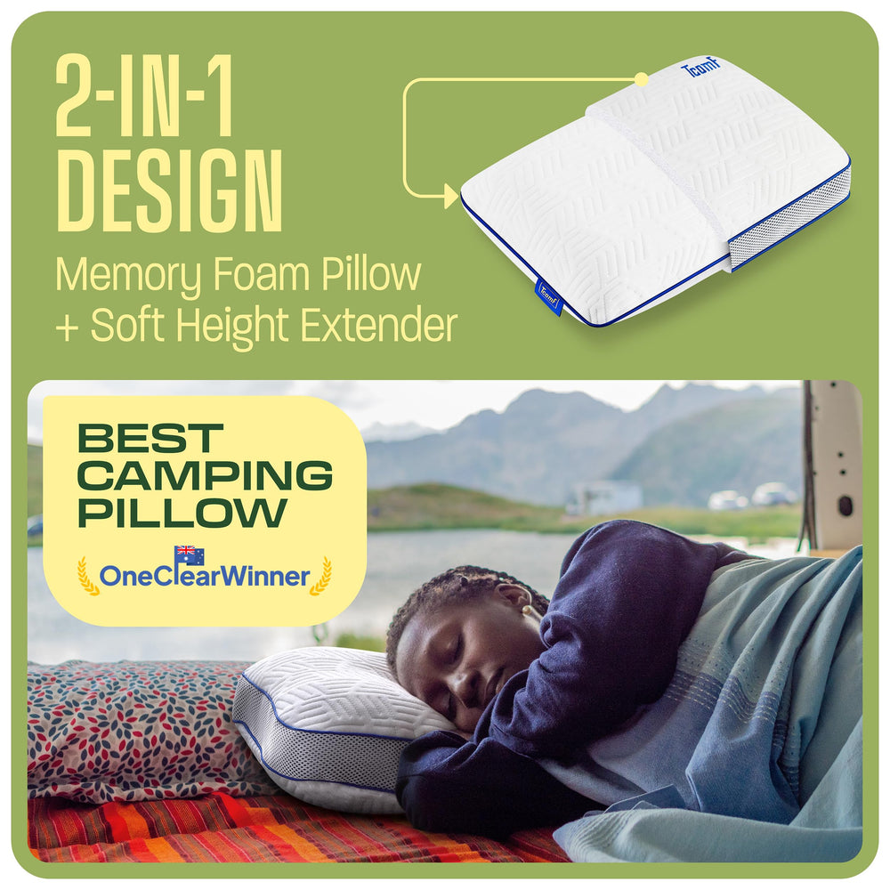 TCOMF camping pillow optitemp cooling technology maintains comfortable temperature.