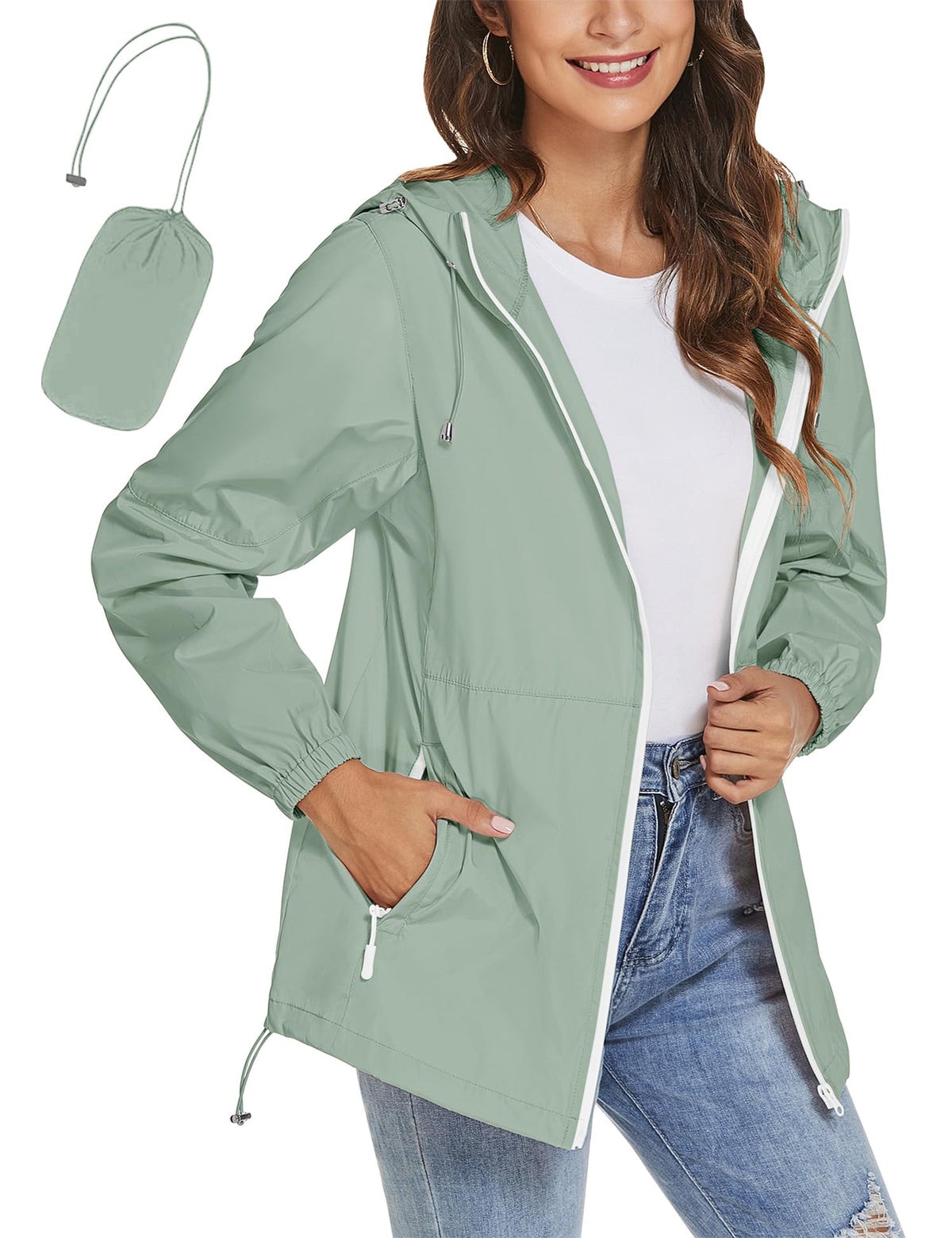 TCOT women's rain coat bean green front view shows lightweight waterproof protection for everyday comfort