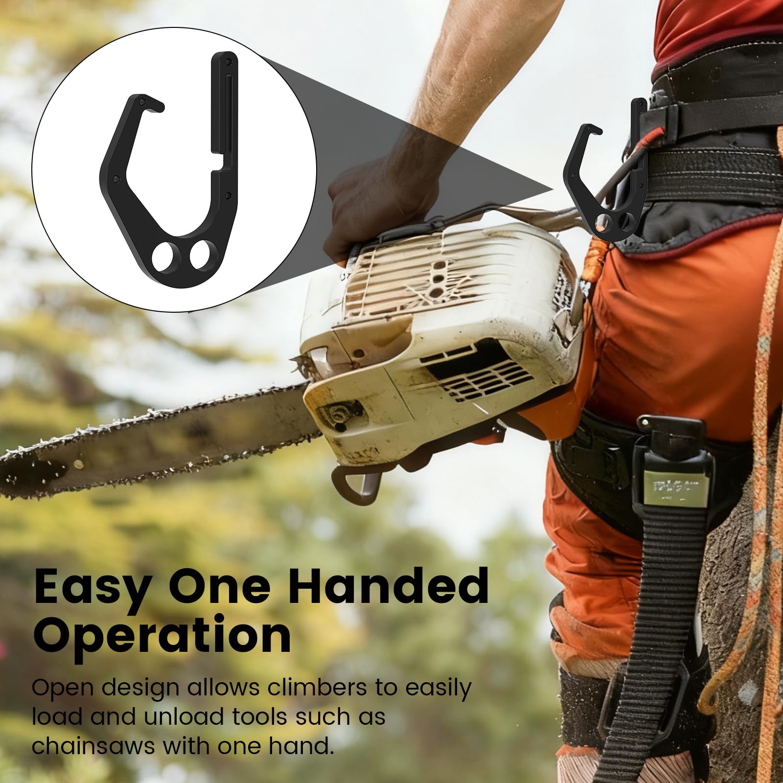 Tcwhniev tree hook on safety harness keeps tools stable in upright, tilted, or inverted angles.