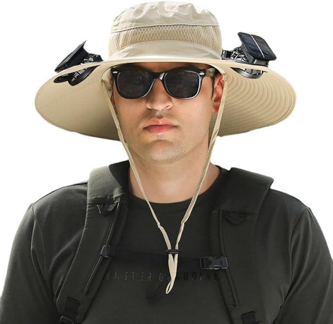 TCXCEO solar powered fan hat brim closeup shows dual built-in fans for cooling on the go.