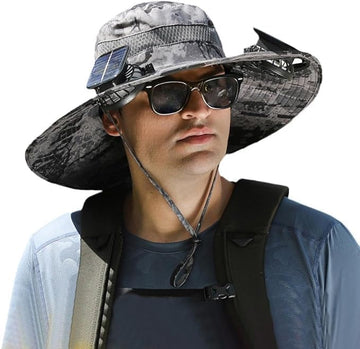 TCXCEO solar-powered fan hat front view with dual cooling fans for hot days.