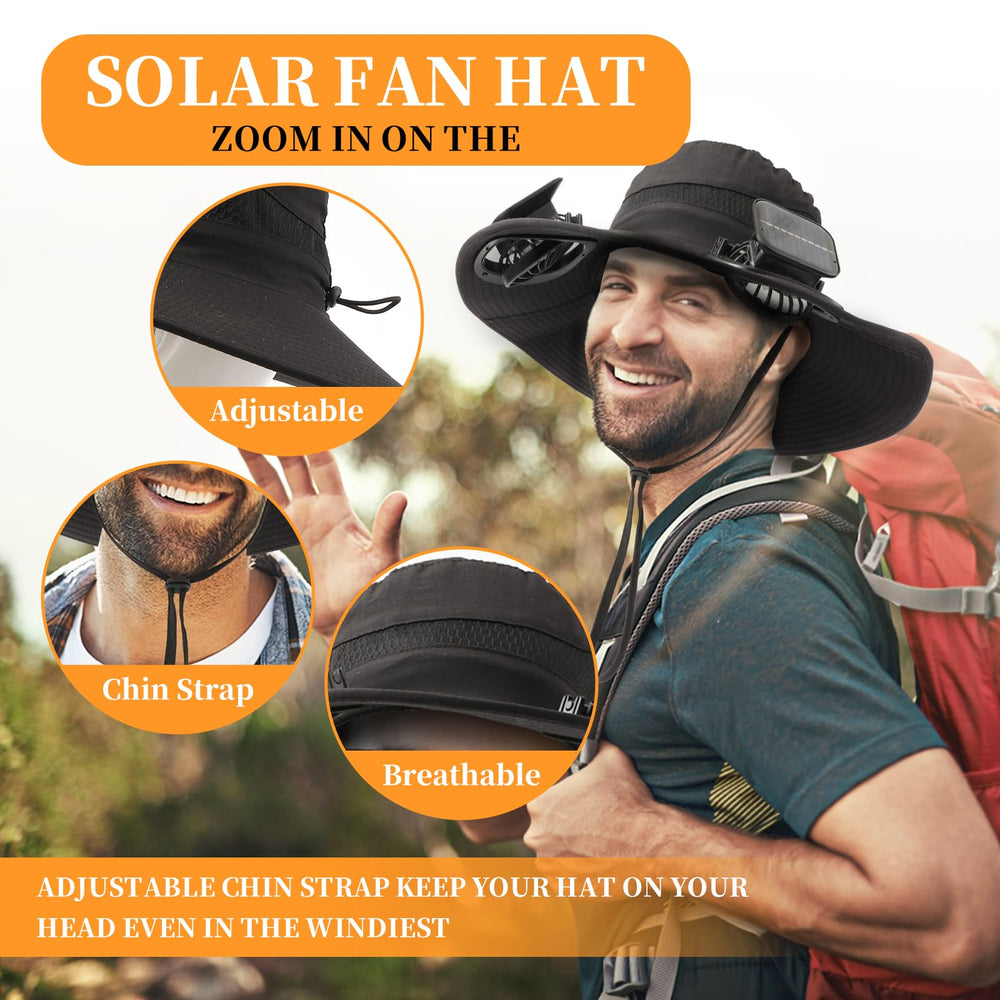 TCXCEO solar powered fan hat wide brim image emphasizes UPF50+ sun protection.