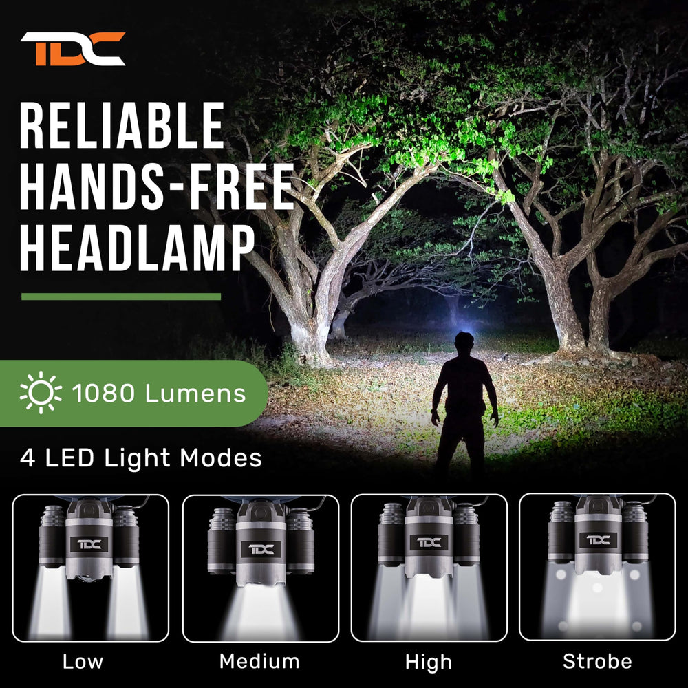 TDC camo headlamp with USB-C charging for quick recharges.