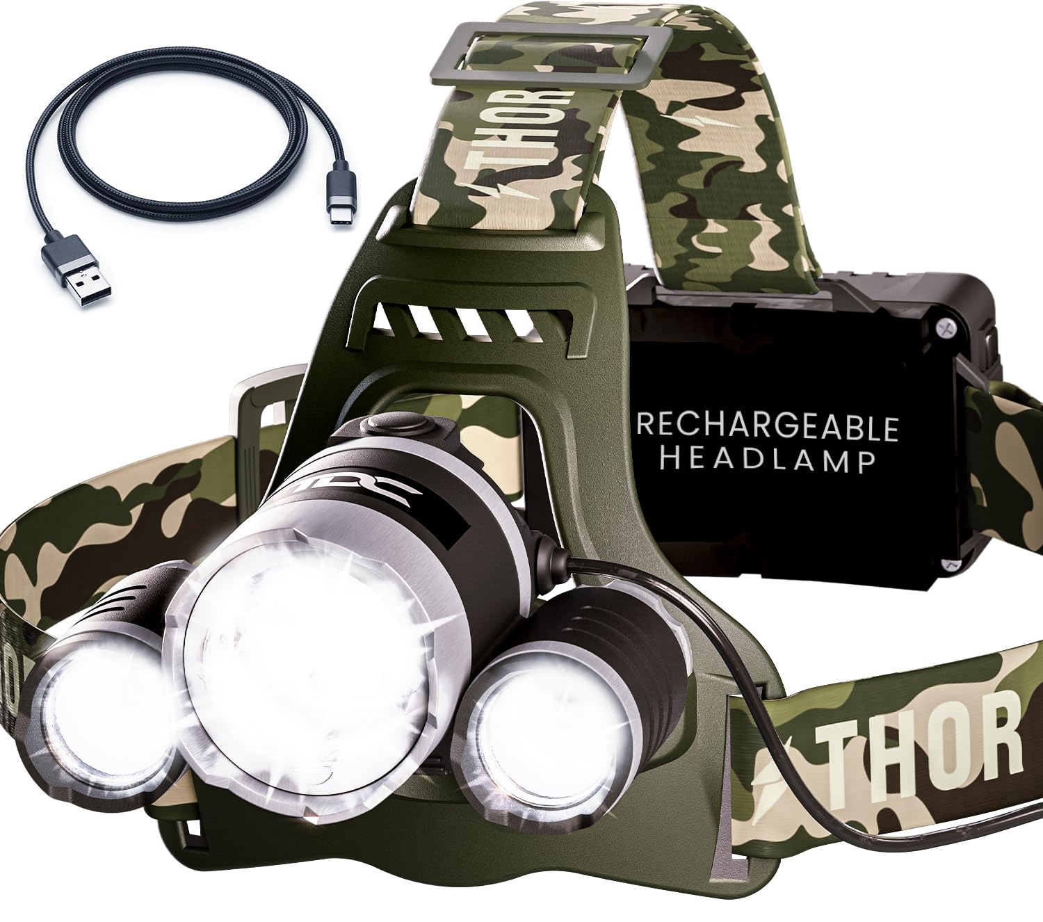 TDC camo rechargeable headlamp zoomable LED for versatile outdoor lighting.