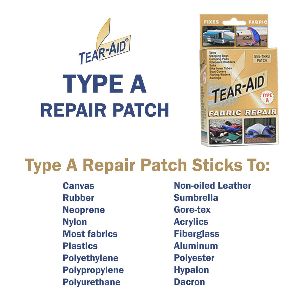 TEAR-AID 7/8x7/8 patch provides precise edge repair on small fabric tears.