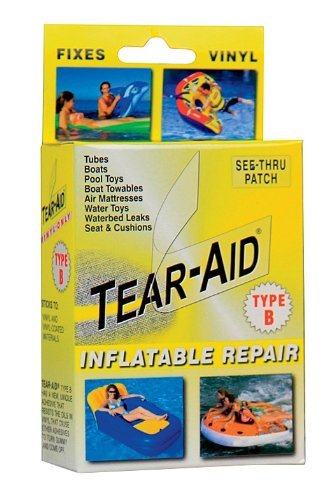 TEAR-AID Patch Type B for underwater repairs with clear vinyl patches and squeegee.