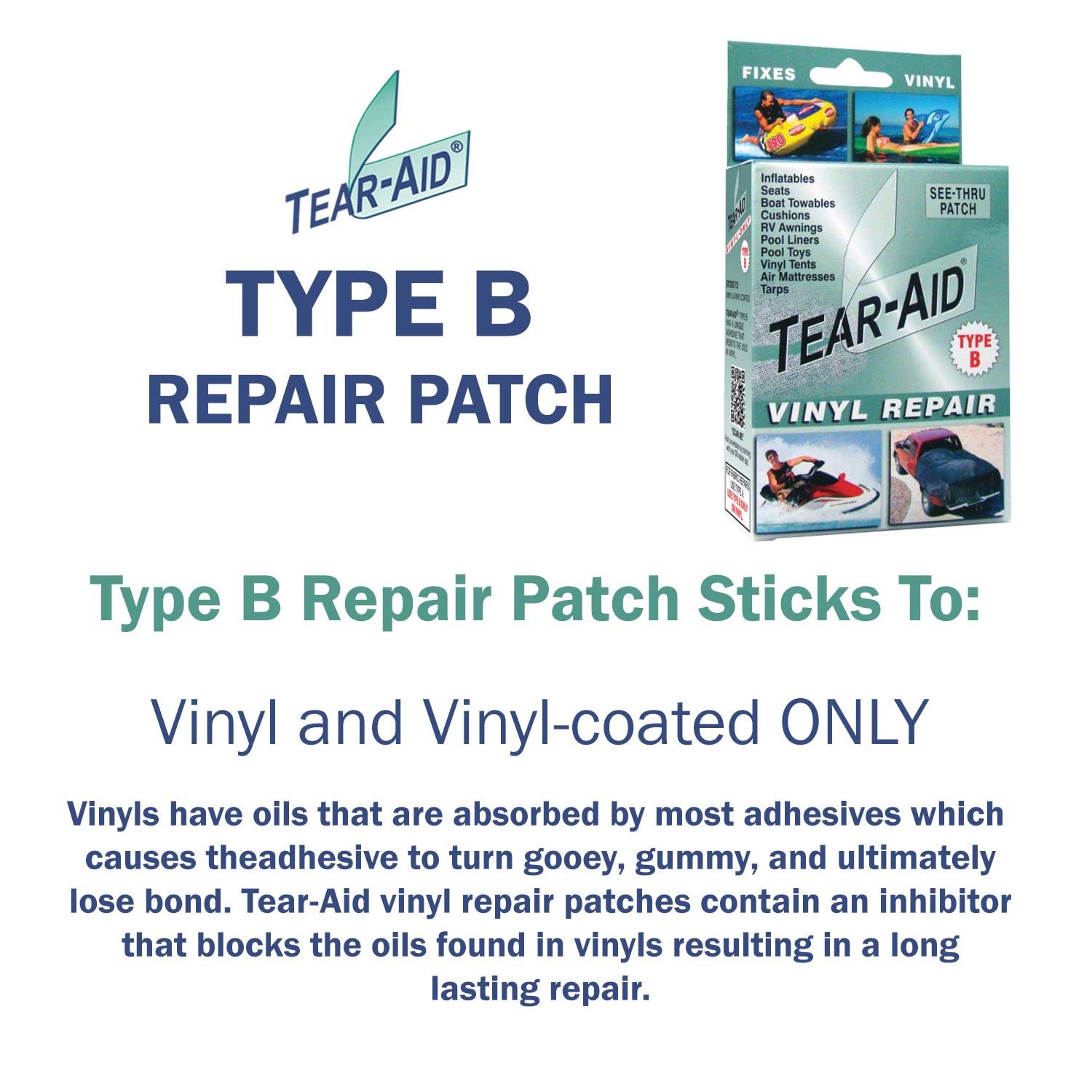 TEAR-AID Type B patch with adhesive inhibitor for durable vinyl fixes