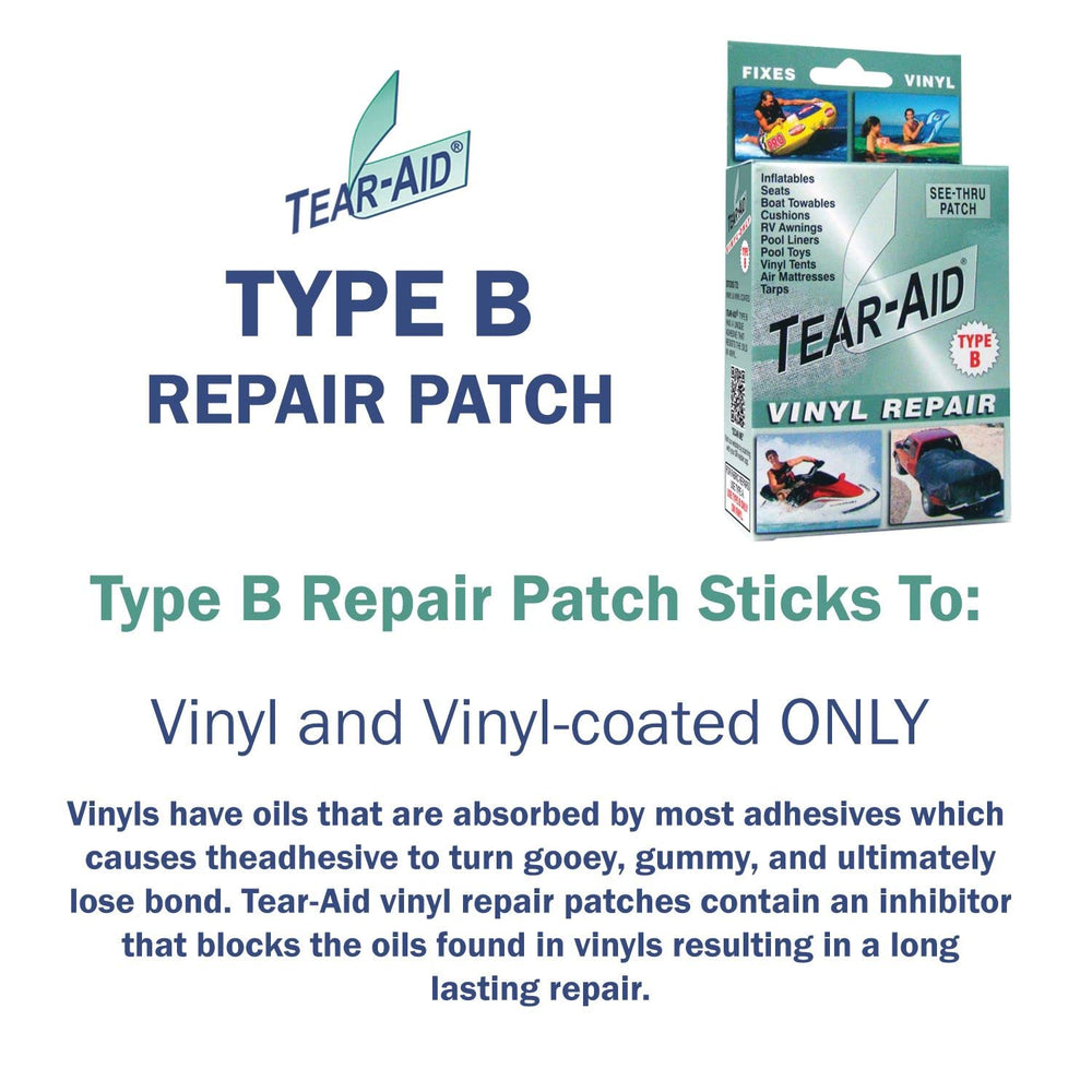 TEAR-AID Type B patch with adhesive inhibitor for durable vinyl fixes