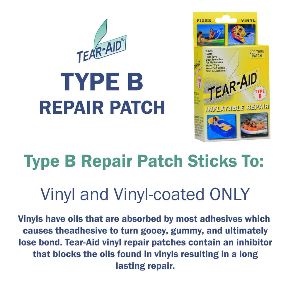 Tear-Aid Type B vinyl patch applied for a durable surface fix.