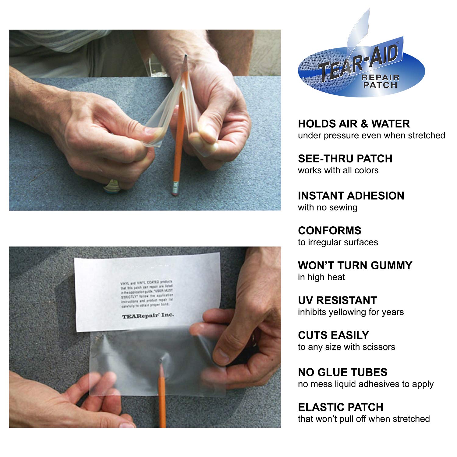 TEAR-AID vinyl patch is see-through and blends with any color